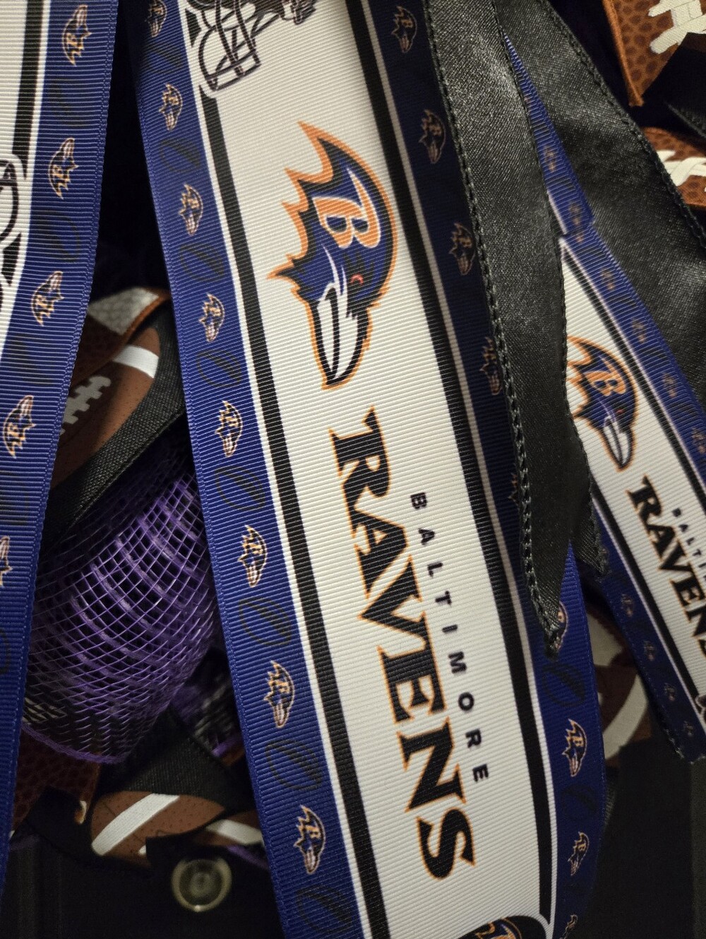 Large NFL Baltimore Ravens Football Ribbon Wreath - Purple, Black, Brown - Picture 2 of 3